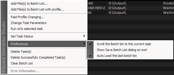 Figure 6. Batch List Shortcut Menu Add File(s) to Batch List... adds media files to the Batch list. The task parameters must be adjusted before the encoding process start.