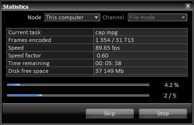 disk free space. In the Streaming mode the CPU usage chart is depicted as well.