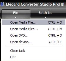 Figure 20. File Menu Change the encoding parameters if it is necessary and save the task in the Batch list.