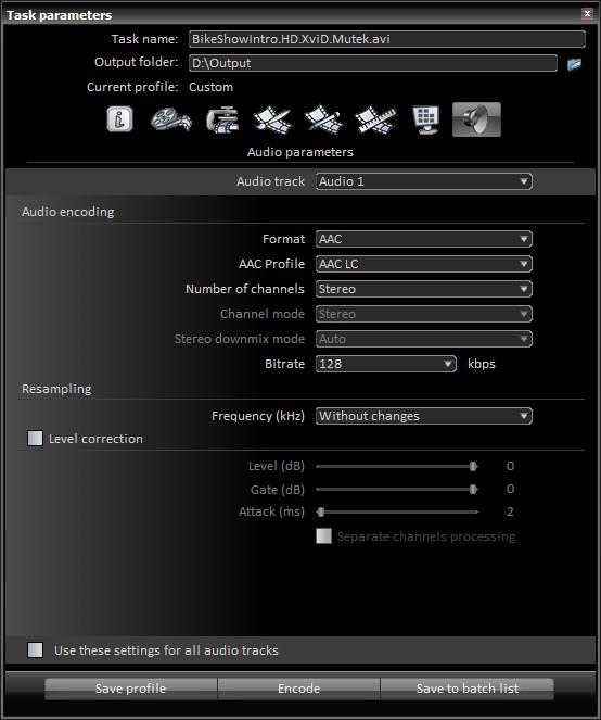 6.9 Audio Parameters Click button to open the Audio Parameters group of parameters. It allows the user to select encoding format, to change settings and to set audio frequency and level.