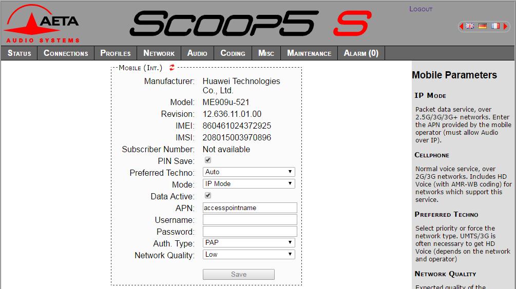 5.6.7. MOBILE PARAMETERS page This page is only visible for units equipped with the HD-4G option. See more details on the parameters in 4.4.1, Mobile Parameter.