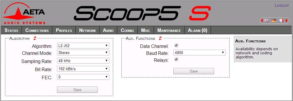 5.8. CODING tab The CODING tab groups the selection of the algorithm and its parameters, as well as the auxiliary functions. See details on all these parameters in 4.4.2, Algorithm sub-menu and 4.4.7, Misc sub-menu.