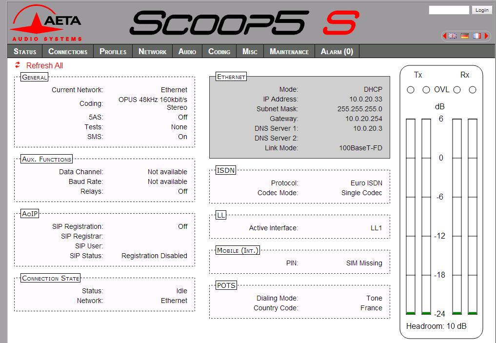 5. Operating mode Embedded HTML pages The embedded html server in Scoop5 S provides a comfortable and efficient means to control and monitor the unit.