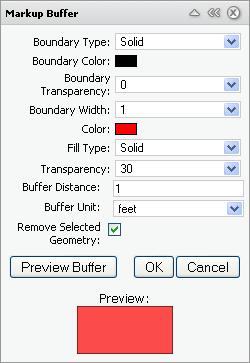 You can choose to have the original geometries displayed or removed after the buffer is created by selecting or clearing the REMOVE SELECTED GEOMETRY check box in the MARKUP BUFFER panel. Figure 45.