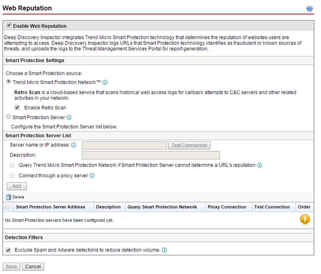 Trend Micro Deep Discovery Inspector User's Guide FIGURE 4-11. Web Reputation 2. Click Enable Web Reputation. 3.