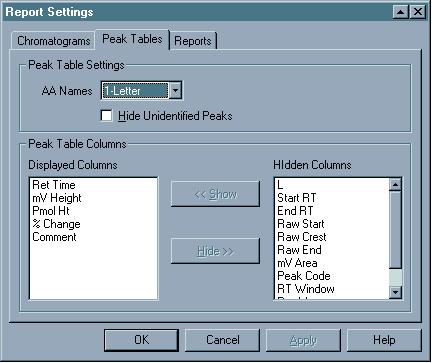 About Formatting the Peak Table in the Report Description Formatting the Peak Table in the Report Use the Peak Tables tab in the Report Settings dialog to format how the peak table appears in the