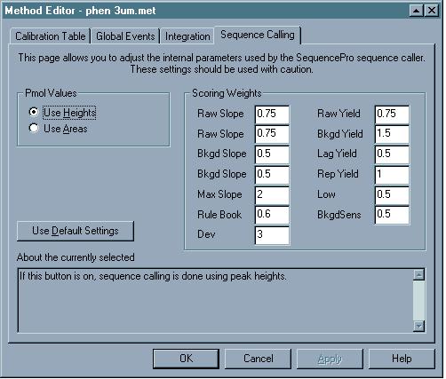 Using the Sequence Calling Page Description Use the Sequence Calling page to adjust the internal parameters used by the SequencePro software sequence caller.
