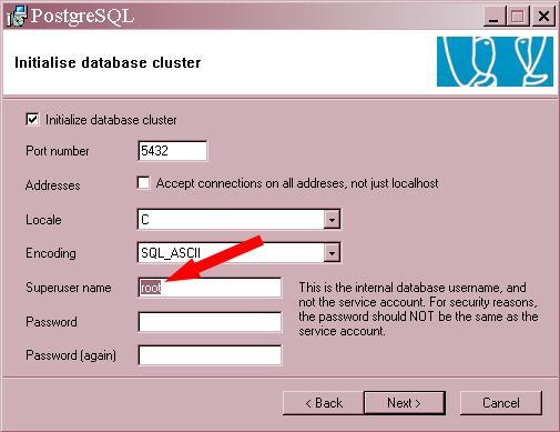 4 Initialise database Cluster All standard settings are appropriate, other than for the Superuser name, which is the login name you will use to access the data stored by Phineus.