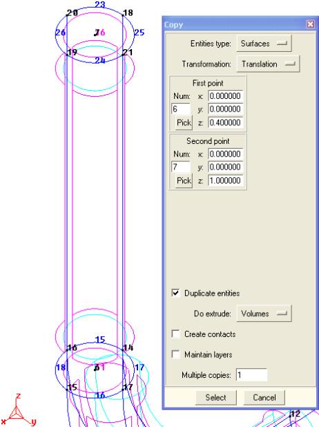 3. Select Volumes for Do extrude and then click on Select. Your cursor symbol changes to a, indicating that you must now select the surface(s) to be extruded. 4.
