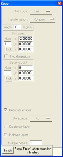 Figure 3: The Copy dialog box used for copying and rotating the vertical line 8. Click on the line joining points 2 and 3, then hit. Esc. or click on Finish to exit the Copy tool.