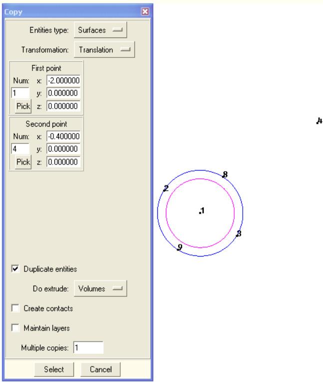 Figure 10: Copy dialog box showing the parameters used for the copying and extrusion of the inlet surface Your cursor symbol changes to a, indicating that you must now select the surface(s) that will