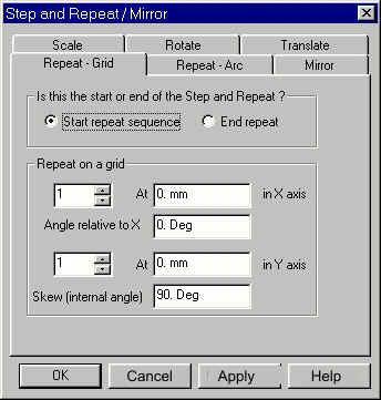Machining - Step and Repeat The button on the Machining operations toolbar is a shortcut for this command. This menu field calls the Step & Repeat/Mirror dialog.