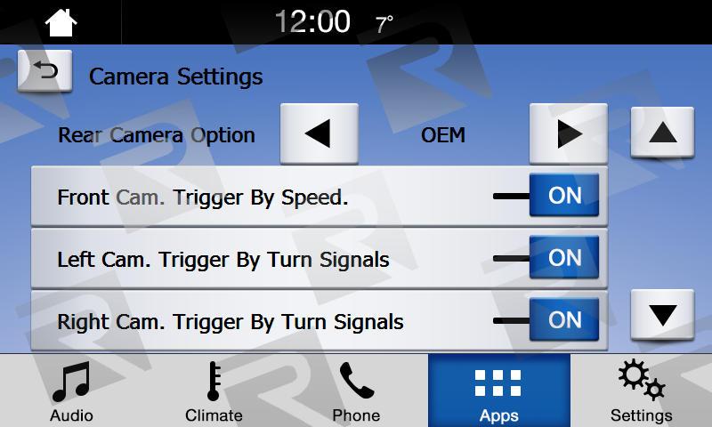 Settings Camera Settings: Reversing Camera Option: Selects the OEM or Aftermarket rear camera. Can be used to select Rev Cam input for cargo or 5th wheel applications. Front Cam.