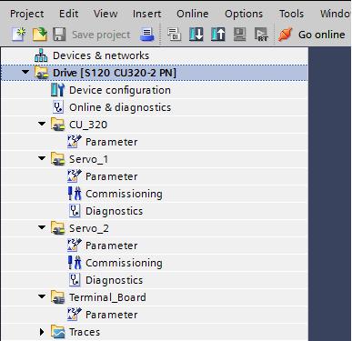 Carry out commissioning of the drive online: You can parameterize the modules in the "Parameter" tab.