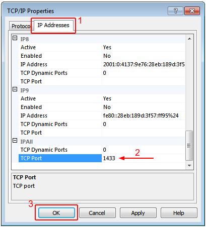 In the IP Addresses tab, fill the TCP port.