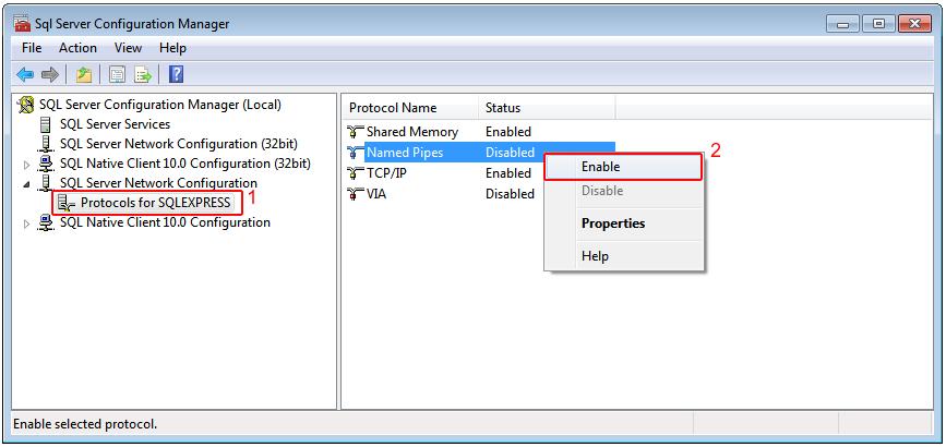 Under SQL Server Network Configuration, click on Protocols for SQLEXPRESS. Then right click on Named Pipes and press Enable.