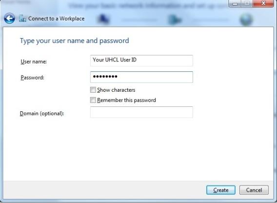 Type your UHCL User name this is the same user name (or user id) that you would use to log on to your office computer on campus. Uncheck Show characters. Uncheck Remember this password.