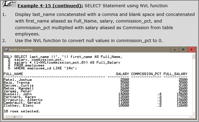 6.2 SQL EXPRESSIONS 128 Full_Salary column is null for those employees having no commission_pct One part of the