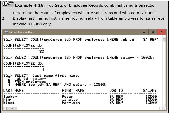 7.2 INTERSECT 131 Data from the same datasource Show employees that are sales reps (one set) and intersect them with employees who earn $10000 30 employees who are