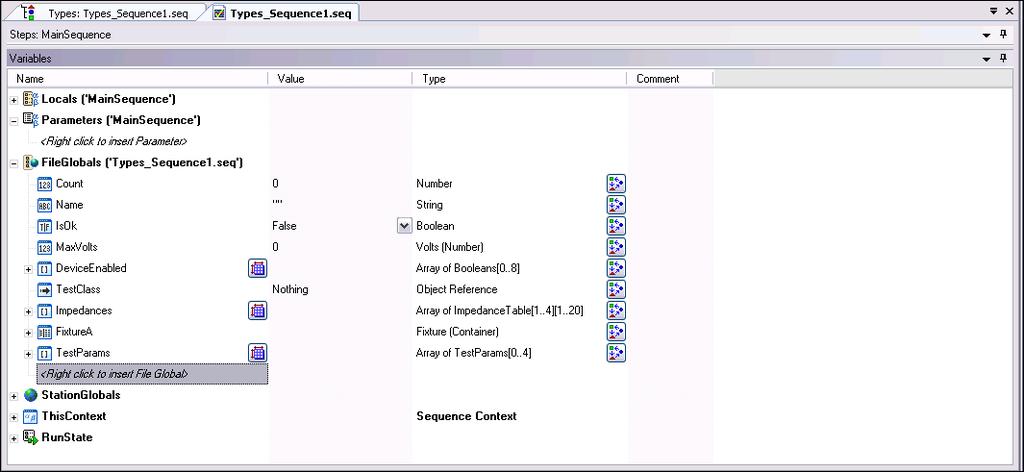 Chapter 12 Standard and Custom Data Types Figure 12-2 shows variables with different data types on the Variables pane in the Sequence File window.