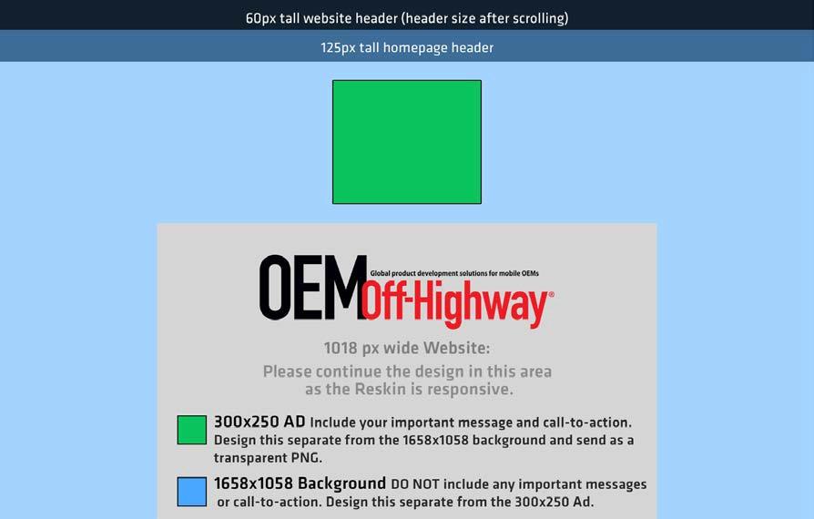 Responsive Reskin Ads OEMOffHighway.com March 2018 OEMOffHighway.com uses responsive reskin ads, an upgraded option to the previous wallpaper ads. See image below for live area dimensions.