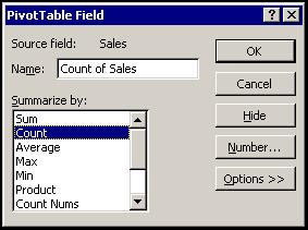 Excel 2002 (XP): Level 3 Lesson 9 Creating and Revising PivotTables The PivotTable Field dialog box When a PivotTable report contains multiple data fields, you can change the summary function for a