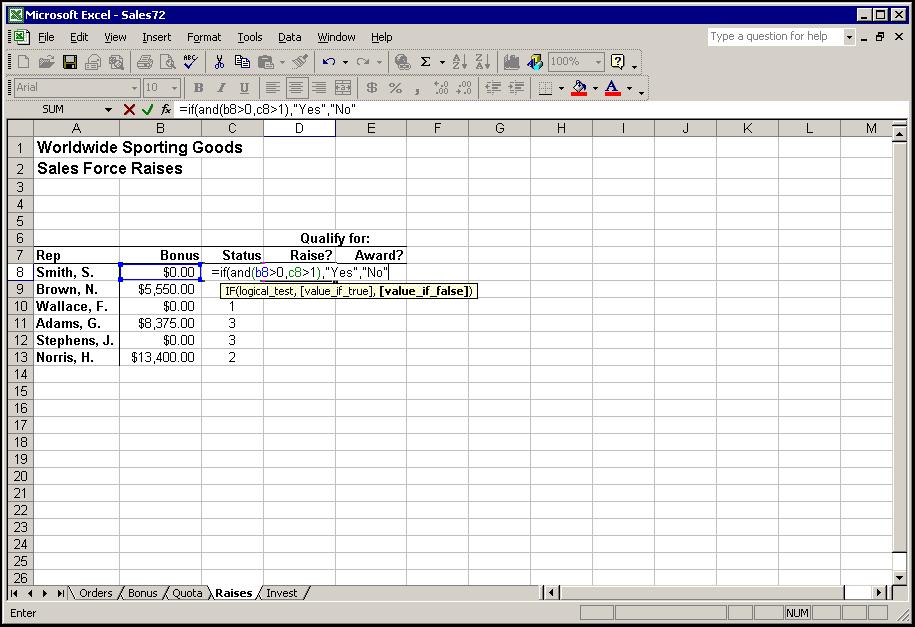 Lesson 1 - Using Logical Lookup and Round Functions Excel 2002 (XP): Level 3 USING AN AND CONDITION WITH IF Discussion You can use AND conditions to test multiple criteria in IF functions.