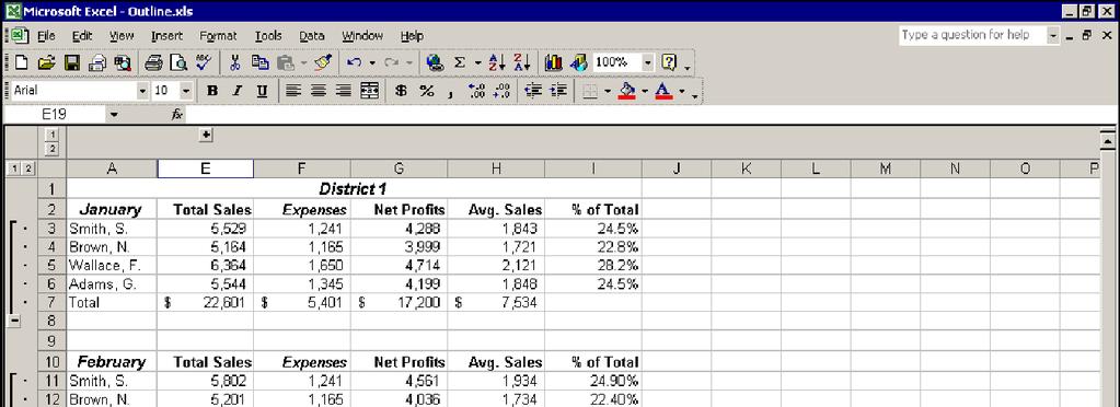 Lesson 3 - Working with Outlines Excel 2002 (XP): Level 3 Collapsing an outline You can also use the row and column level outline symbols at the top left corner of the worksheet to expand and