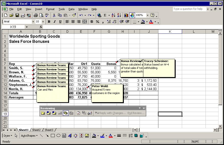 Lesson 7 - Working with Comments Excel 2002 (XP): Level 3 EXERCISE WORKING WITH COMMENTS Task Work with comments. 1. Open Comm10. 2. Display the Reviewing toolbar. 3. Insert the comment Acquired 5 new customers in the region in cell E13.