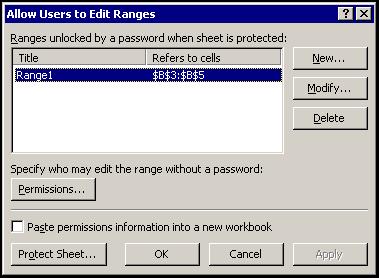 Lesson 8 - Using Worksheet Protection Excel 2002 (XP): Level 3 The Allow Users to Edit Ranges dialog box Remember to unlock the cells you want all users to be able to edit before enabling worksheet