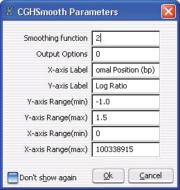 4 Data Viewing Reference CGHSmooth Parameters CGHSmooth Parameters Figure 35 CGHSmooth Parameters dialog box Purpose: The CGHSmooth Parameters dialog box lets you configure the CGHSmooth plug- in.