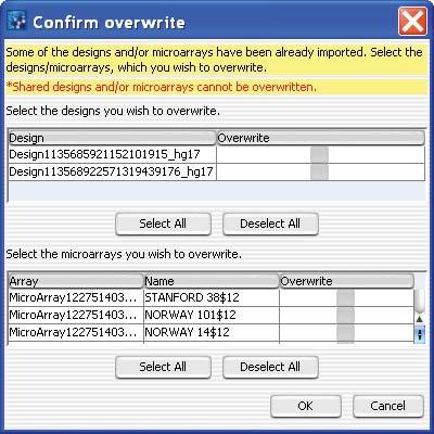 4 Data Viewing Reference Confirm Overwrite Confirm Overwrite Figure 41 Confirm overwrite dialog box Purpose: When you import an experiment, it can contain designs and/or arrays that have the same