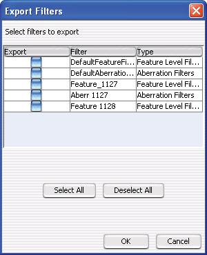 Data Viewing Reference 4 Export Filters Export Filters Figure 57 Export Filters dialog box Purpose: Lets you select feature- level, array- level, design, and/or aberration filters, to export as a