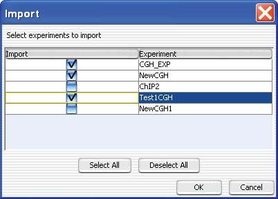 4 Data Viewing Reference Import (experiments) Import (experiments) Figure 64 Import dialog box (for experiments) Purpose: Lets you select the specific experiments within a.