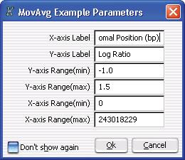 Data Viewing Reference 4 MovAvg Example Parameters MovAvg Example Parameters Figure 72 MovAvg Example Parameters dialog box Purpose: This dialog box lets you set display parameters for the MovAvg