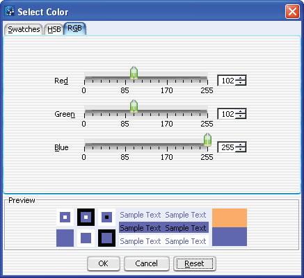 Data Viewing Reference 4 Select Color RGB Numbers Preview OK Cancel Reset Reflect the amount of red, green and blue in the resulting color. The Preview area shows how the selected color appears.