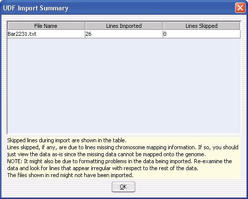 4 Data Viewing Reference UDF Import Summary (CGH or CH3) UDF Import Summary (CGH or CH3) Figure 83 UDF Import Summary dialog box Purpose: Reports how many lines of data were successfully imported