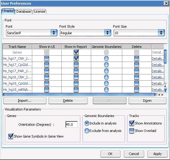 4 Data Viewing Reference User Preferences Tracks tab Figure 85 User Preferences dialog box - Tracks tab Purpose: To import and set up the appearance of tracks next to the Gene View.