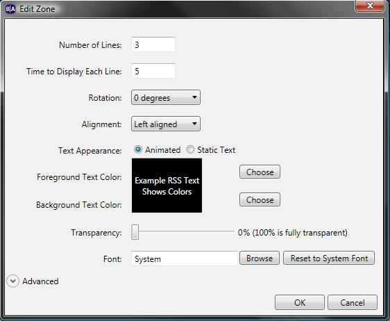 Text Appearance Sets whether the text is animated or static in a Ticker zone. Foreground Text Color Sets the text color in Ticker or Clock zones.