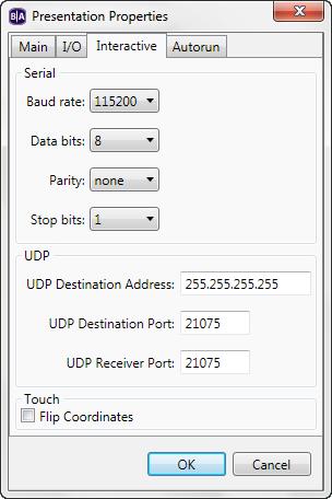 5 Click the Interactive tab and set any of the following: Serial: Sets the parameters for serial communications. You can select the Baud rate, Data bits, Parity, and Stop bits.