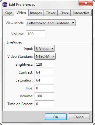 3 Click the Video tab and select the default video settings: NOTE: The settings vary based on your BrightSign model.