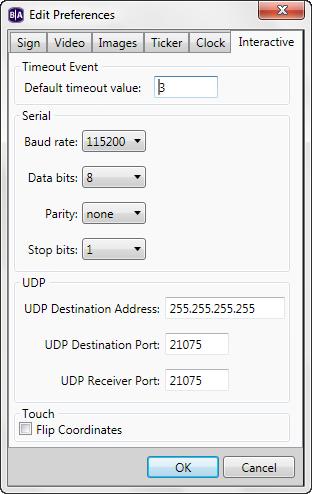 7 Click the Interactive tab and set any of the following: Serial Sets the default parameters for serial communications. You can select the Baud rate, Data bits, Parity, and Stop bits.
