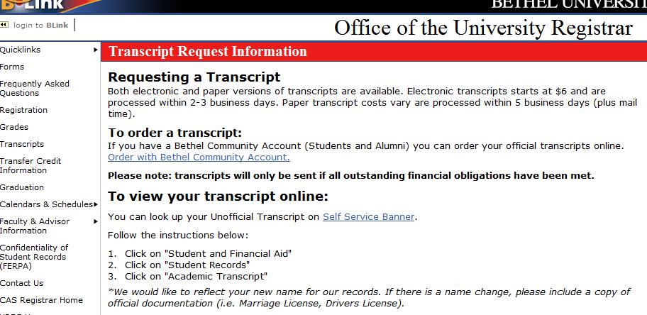 COMMUNITY Account - Transcript Requests Sent to Self Instructions for requesting Official Transcripts from Bethel University, Saint Paul, Minnesota.