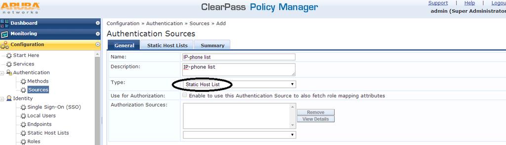 5. Select the IP phone list created 6. Create additional Authentication sources as required for the deployment. 5.4 AOS switch and CPPM integration points 5.4.1 Edge-profile, access policy list and redirection URL handling 1.