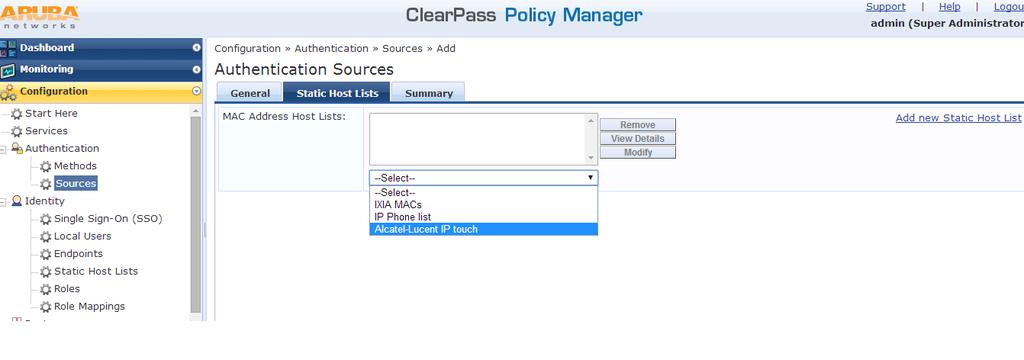 The edge-profile and the policy list may be configured in the OmniVista network management system and pushed to the AOS switches or the edge-profile, and the policy list may be configured directly on
