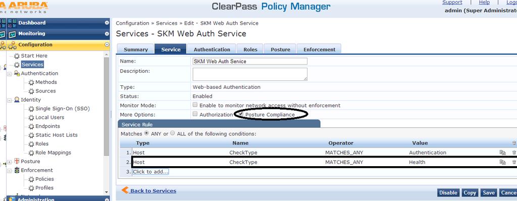 2. Select the Web Authentication Service created for Guest Registration/Login. 3.