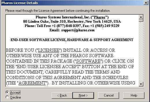 Upgrading Server Components Pharos License Details The Uniprint End-User License is displayed. You must accept the terms of the license and click Next to continue.
