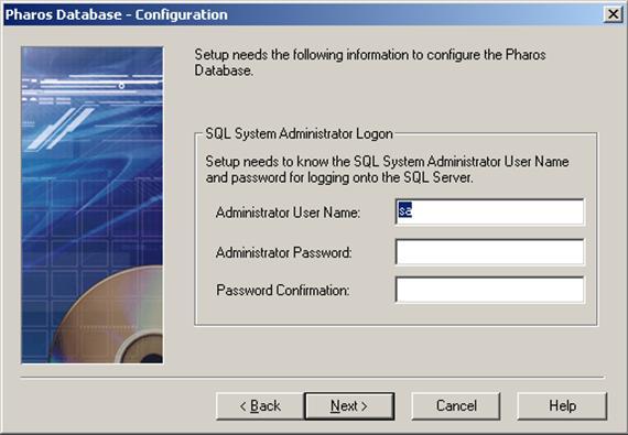 Upgrading Server Components Pharos Database Configuration Enter the SQL Server administrator user name and password and then click Next to continue.