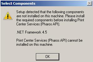 Upgrading Server Components Select Components Both the Pharos Print Center Services and the Print Center Web require.net Framework 4.5.