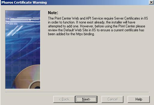 Upgrading Server Components Pharos Certificate Warning This screen shows a note that both the Pharos API Services and the Print Center Web
